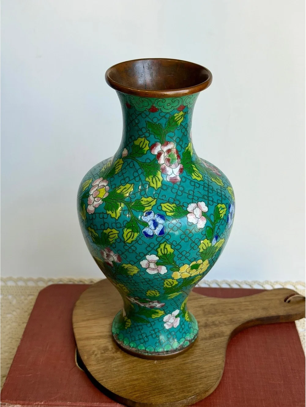 Vintage Chinese Cloisonne Enamel Vase Turquoise Floral Brass 10